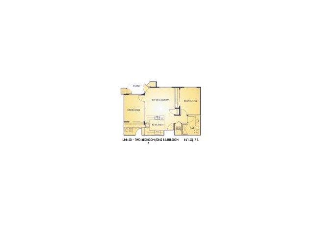 Floor plan for 2 beds, 1 bath, 841 sqft